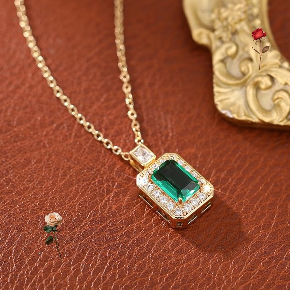 5ct Emerald-Cut Green Cubic Zirconia Micro Paved Halo Gold Tone Pendant Necklace - Picture 3 of 8